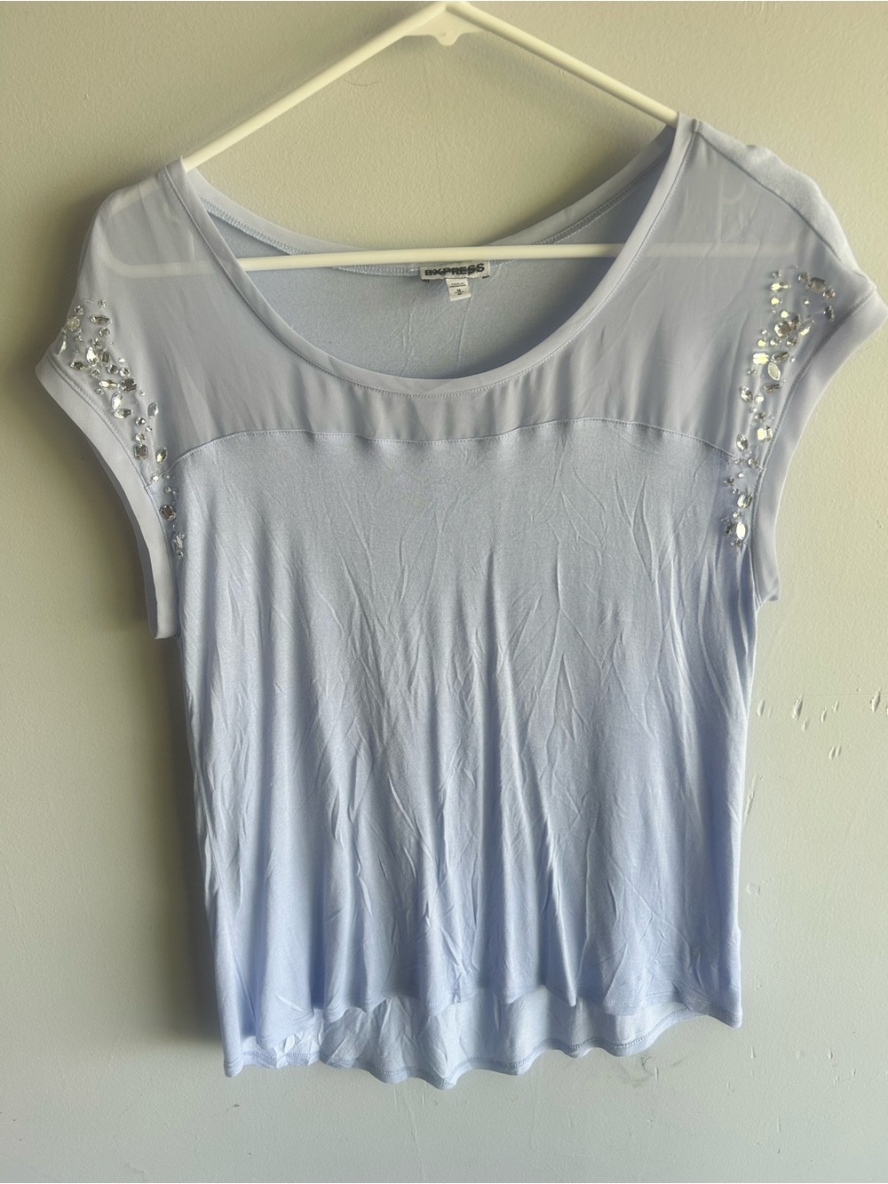 Women’s Express Light Blue Beaded Cap-Sleeve Tee, Size Medium